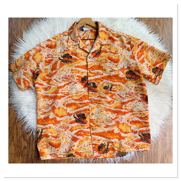 Vintage Kennington Hawaiian Tropical Print Button Up Shirt Dragon Print Orange - Picture 9 of 11